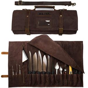 asaya waxed canvas knife roll - 15 knife slots, card holder and large zippered pocket - genuine leather, cloth and brass buckles - for chefs and culinary students - knives not included
