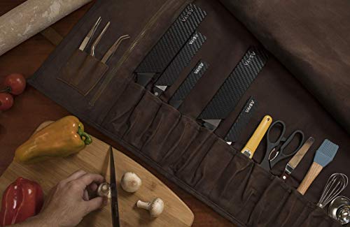 Asaya Waxed Canvas Knife Roll - 15 Knife Slots, Card Holder and Large Zippered Pocket - Genuine Leather, Cloth and Brass Buckles - for Chefs and Culinary Students - Knives Not Included