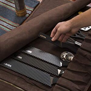Asaya Waxed Canvas Knife Roll - 15 Knife Slots, Card Holder and Large Zippered Pocket - Genuine Leather, Cloth and Brass Buckles - for Chefs and Culinary Students - Knives Not Included