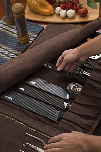 Asaya Waxed Canvas Knife Roll - 15 Knife Slots, Card Holder and Large Zippered Pocket - Genuine Leather, Cloth and Brass Buckles - for Chefs and Culinary Students - Knives Not Included