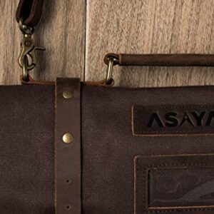 Asaya Waxed Canvas Knife Roll - 15 Knife Slots, Card Holder and Large Zippered Pocket - Genuine Leather, Cloth and Brass Buckles - for Chefs and Culinary Students - Knives Not Included