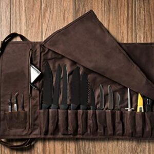 Asaya Waxed Canvas Knife Roll - 15 Knife Slots, Card Holder and Large Zippered Pocket - Genuine Leather, Cloth and Brass Buckles - for Chefs and Culinary Students - Knives Not Included