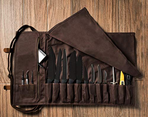 Asaya Waxed Canvas Knife Roll - 15 Knife Slots, Card Holder and Large Zippered Pocket - Genuine Leather, Cloth and Brass Buckles - for Chefs and Culinary Students - Knives Not Included