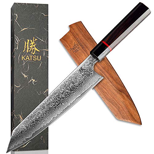 KATSU Kiritsuke Chef Knife - Damascus - Japanese Kitchen Knife - 8-inch - Handcrafted Octagonal Handle - Wood Sheath & Gift Box (Kritsuke Knife)