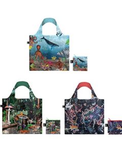 loqi kristjana s williams interiors reusable shopping bags, (set of 3), black forest, barrier reef, world map