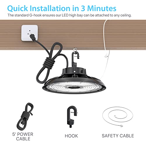 HYPERLITE High Bay LED Lights 100W 14000LM 5000K, 450W MH/HPS Eqv. LED High Bay Light with UL US Plug(Optional Sensor Function-Extra Purchase), IP65 Commercial Garage Shop Barn Area Lighting 1PC