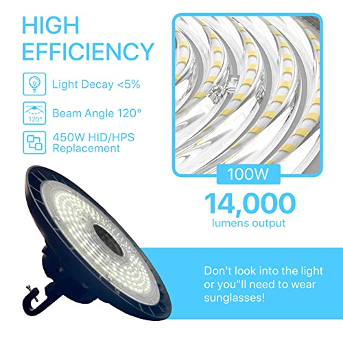 HYPERLITE High Bay LED Lights 100W 14000LM 5000K, 450W MH/HPS Eqv. LED High Bay Light with UL US Plug(Optional Sensor Function-Extra Purchase), IP65 Commercial Garage Shop Barn Area Lighting 1PC