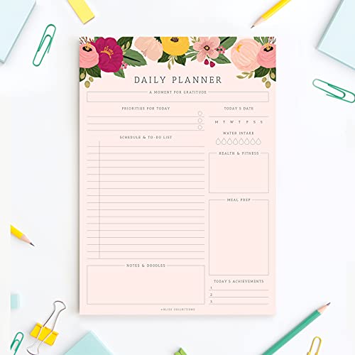 Bliss Collections Daily Planner, Blush Floral, Calendar, Organizer, Scheduler, Productivity Tracker, Meal Prep, Organize Tasks, Goals, Notes, To-Do Lists, 8.5"x11" Undated Tear-Off Sheets (50 Sheets)