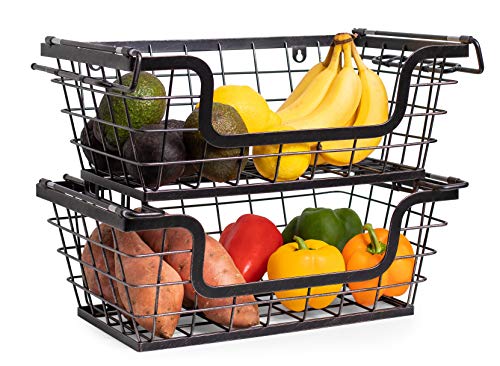 BirdRock Home Wire Basket for Storage - Set of 2 Baskets - Stackable - Hanging – Wall Shelf - Fruit Vegetable Organization – Pantry Cabinet - Metal Bin for Kitchen Counter – Bathroom Storage