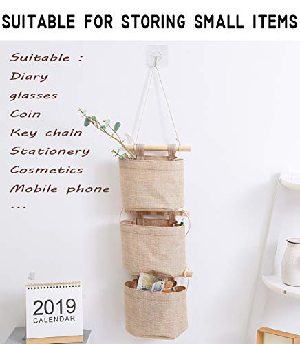 AARAINBOW 1 Pack Mini Cotton Linen Fabric Closet Detachable Foldable Washable Hanging Storage Bag with 3 Pockets Over The Wall Door Organizer for Room Bathroom (Khaki)