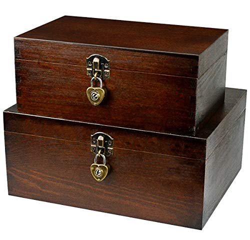 Wood Keepsake Boxes with Lock and Keys Handcrafted Decorative Wooden Storage Case Cabinet Container Hinged Lid Country Rustic Style Organizer for Trinkets Gift Card Collection Coffee Color 2 Pack