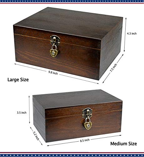 Wood Keepsake Boxes with Lock and Keys Handcrafted Decorative Wooden Storage Case Cabinet Container Hinged Lid Country Rustic Style Organizer for Trinkets Gift Card Collection Coffee Color 2 Pack