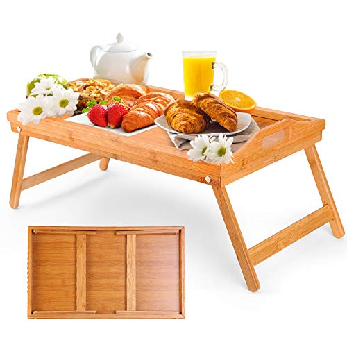 Moclever Breakfast Tray Table with Folding legs - Serving tray bamboo - dinner trays, tea tray, bar tray, bed trays for eating or any food tray - good for parties, Reading, Laptop, Working or bed tray