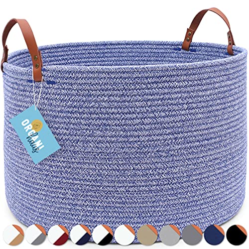 OrganiHaus Large Basket for Blankets for Living Room 20x13 | Woven Laundry Basket | Boho Blanket Basket | Toy Storage Basket for Kids | Cotton Rope Basket w/Handles | Shoe Basket for Entryway - Blue