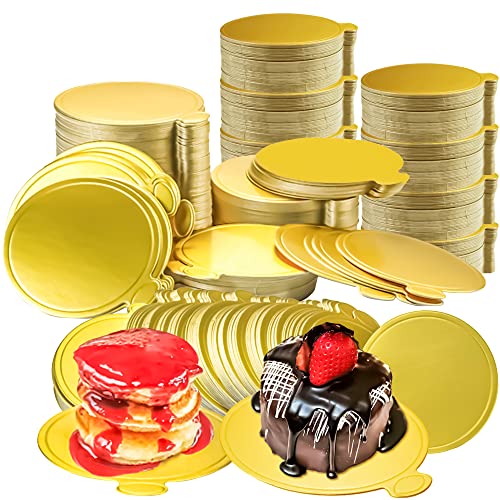 MotBach 200 Pcs Round Golden Cardboard, 3.5 Inch Round Mini Cake Boards, Mousse Cake Base, Cake Paper Board, Circle Patries Cardboard, Cupcake Base Display, Dessert Board