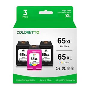 coloretto remanufactured printer ink cartridge replacement for hp 65xl to use with hp deskjet 2622 2624 2652 2655 3720 3721 3722 3723 3732 3758,envy 5052 5058 (2 black+1 color) combo pack