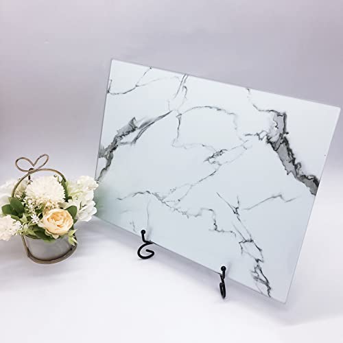 VASUHOME Glass Cutting Board, 16 * 12 inch Set of 1 Tempered Glass Cutting Board, Decorative Square Marble Chopping Board for Kitchen, Scratch, Heat, Shatter Resistant Cutting Mat, White