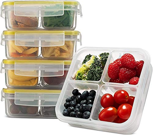 Komax Biokips Foodsaver Set, Square Lunch Box Containers with 4 Removable Compartments of 700ml (23.6 oz), Pack of 5