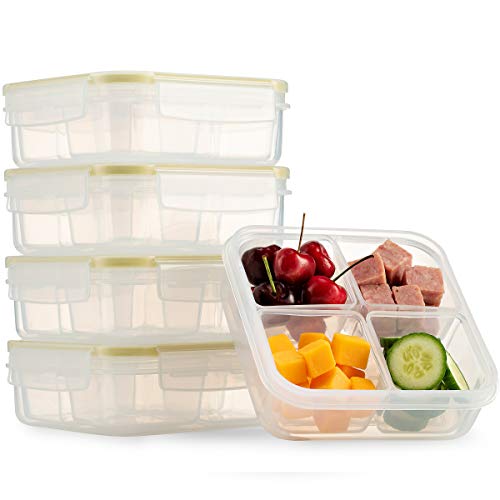 Komax Biokips Foodsaver Set, Square Lunch Box Containers with 4 Removable Compartments of 700ml (23.6 oz), Pack of 5