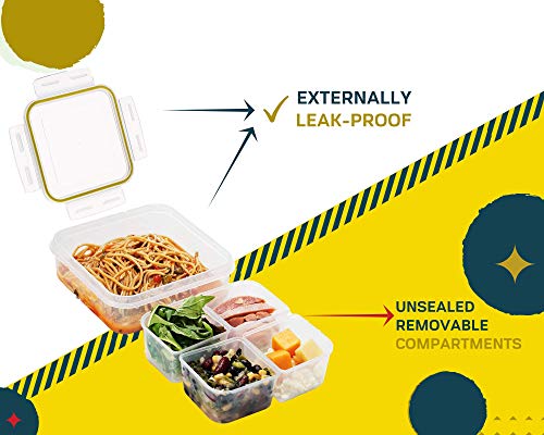 Komax Biokips Foodsaver Set, Square Lunch Box Containers with 4 Removable Compartments of 700ml (23.6 oz), Pack of 5