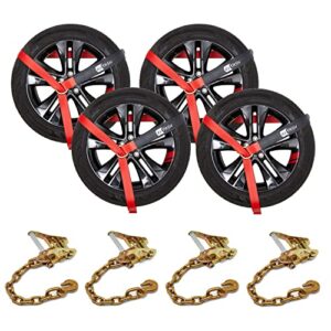 rytash car tie down straps for trailers - tire straps with chain anchors - 4 pack -heavy duty ratchet straps - industrial grade - 2" x 96" - compatible with car, trucks, suv, utv, atv - 3300 lb load