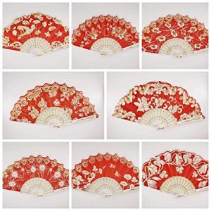 yrp 12 pc mix spanish style red and gold glitter floral pattern folding fan for wedding party decor/sweet 15 favors/dancing hand fan/table setting/wall decoration/out door wedding/wedding gift