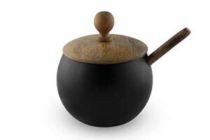 gocraft sugar bowl with wooden lid and spoon for home and kitchen, drum shape (matte black finish)