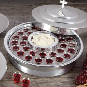stackable communion tray with center bread plate & tray cover polished aluminum