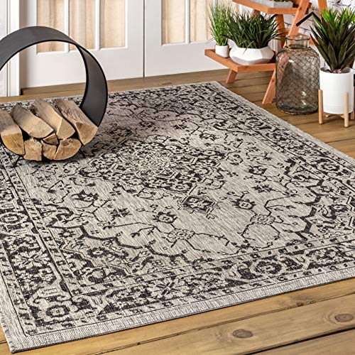 JONATHAN Y SMB102D-4 Rozetta Boho Medallion Textured Weave Indoor Outdoor Area -Rug Coastal Bohemian Rustic Glam Easy -Cleaning Bedroom Kitchen Backyard Patio Non Shedding, 4 X 6, Gray/Black