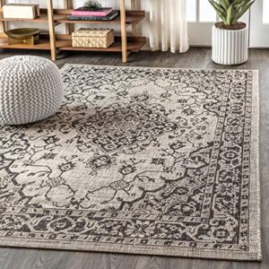 JONATHAN Y SMB102D-4 Rozetta Boho Medallion Textured Weave Indoor Outdoor Area -Rug Coastal Bohemian Rustic Glam Easy -Cleaning Bedroom Kitchen Backyard Patio Non Shedding, 4 X 6, Gray/Black