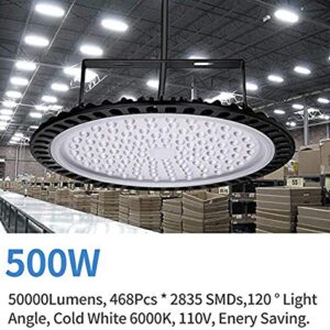 500W UFO LED High Bay Lights, 50000 Lumen 6000K-6500K Warehouse LED Lights, Waterproof Dustproof Ultra Thin High Bay LED Lights- Commercial Bay Lighting