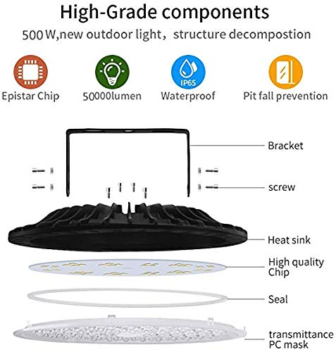 500W UFO LED High Bay Lights, 50000 Lumen 6000K-6500K Warehouse LED Lights, Waterproof Dustproof Ultra Thin High Bay LED Lights- Commercial Bay Lighting