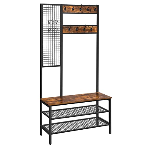 VASAGLE ALINRU Hall Tree, Coat Rack, Coat Stand with Grid Wall, Shoe Rack, 2 Mesh Shelves, 15 Hooks, 72.8-Inch Tall, Large Storage Space, Easy to Assemble, Industrial Style, Rustic Brown UHSR98BX