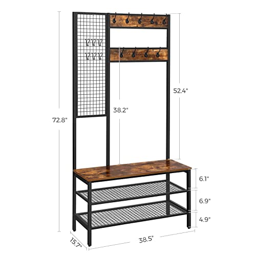 VASAGLE ALINRU Hall Tree, Coat Rack, Coat Stand with Grid Wall, Shoe Rack, 2 Mesh Shelves, 15 Hooks, 72.8-Inch Tall, Large Storage Space, Easy to Assemble, Industrial Style, Rustic Brown UHSR98BX