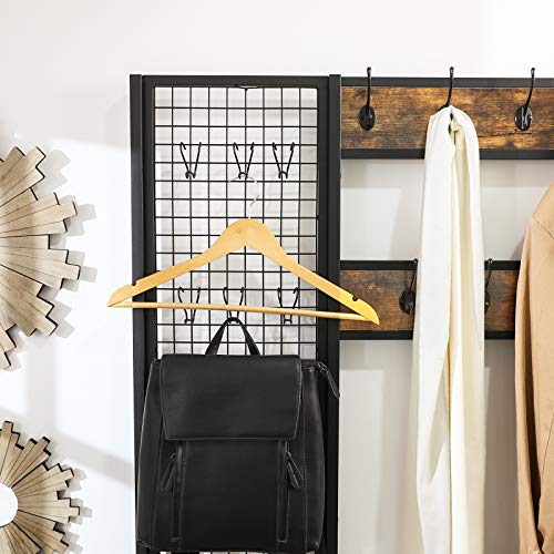 VASAGLE ALINRU Hall Tree, Coat Rack, Coat Stand with Grid Wall, Shoe Rack, 2 Mesh Shelves, 15 Hooks, 72.8-Inch Tall, Large Storage Space, Easy to Assemble, Industrial Style, Rustic Brown UHSR98BX