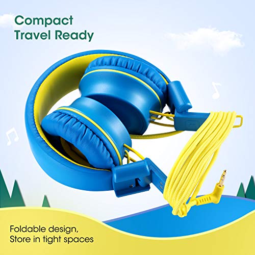 noot products Kids Headphones K33 Foldable Stereo Tangle-Free 5ft Long Cord 3.5mm Jack Plug in Wired On-Ear Headset for iPad/Amazon Kindle,Fire/Boys/Girls/School/Travel/Plane/Tablet (Electric Blue)