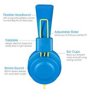 noot products Kids Headphones K33 Foldable Stereo Tangle-Free 5ft Long Cord 3.5mm Jack Plug in Wired On-Ear Headset for iPad/Amazon Kindle,Fire/Boys/Girls/School/Travel/Plane/Tablet (Electric Blue)