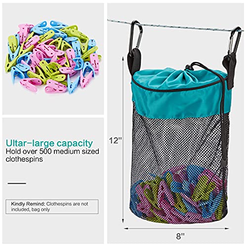 HOMEST Mesh Clothespin Bag, Hanging Clothes Pin Bag with Drawstring, Storage Organizer with Hook, Machine Washable, Sky Blue