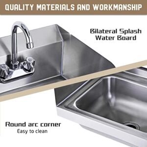 HALLY Stainless Steel Sink for Washing with Faucet and Side Splash, NSF Commercial Wall Mount Hand Basin for Restaurant, Kitchen and Home, 17 x 15 Inches