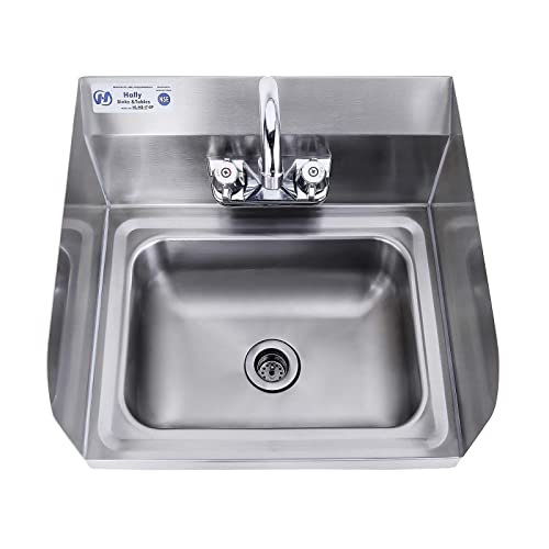 HALLY Stainless Steel Sink for Washing with Faucet and Side Splash, NSF Commercial Wall Mount Hand Basin for Restaurant, Kitchen and Home, 17 x 15 Inches