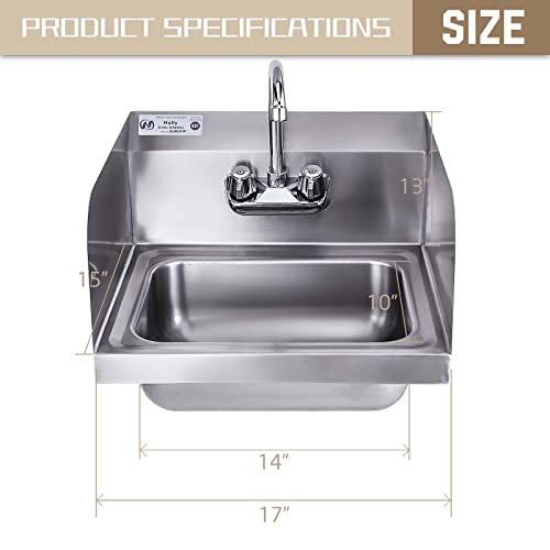 HALLY Stainless Steel Sink for Washing with Faucet and Side Splash, NSF Commercial Wall Mount Hand Basin for Restaurant, Kitchen and Home, 17 x 15 Inches