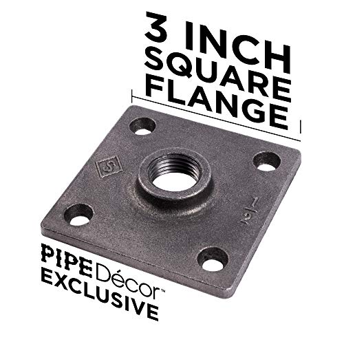 PIPE DECOR Industrial Shelf Brackets with Square Flanges, Set of Four, Malleable Iron Fittings for Custom DIY Floating Shelves, Vintage Furniture Decorations, Wall Mounted