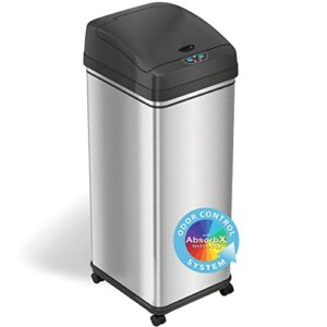 itouchless locking lid 13 gallon sensor kitchen trash can with absorbx odor filter & wheels, stainless steel mess-free garbage bin, powered by batteries (not included) or ac adapter (sold separately)