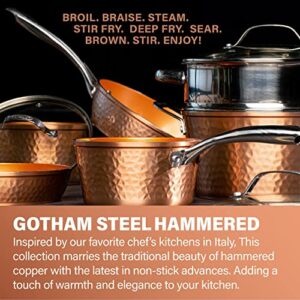 Gotham Steel 12” Nonstick Fry Pan with Lid – Hammered Copper Collection, Premium Aluminum Cookware with Stainless Steel Handles, Induction Plate for Even Heating, Dishwasher & Oven Safe