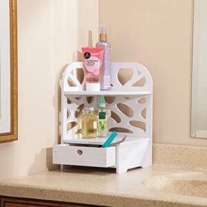 Fox Valley Traders Oakridge Corner Countertop Vanity Organizer with Drawer and Shelf, White