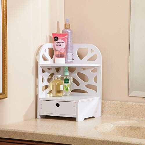 Fox Valley Traders Oakridge Corner Countertop Vanity Organizer with Drawer and Shelf, White