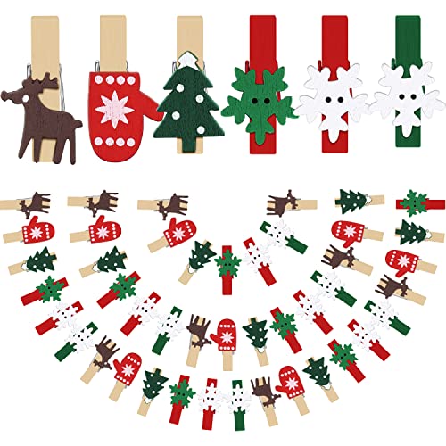 Boao Christmas Wood Clips Christmas Tree Photo Clips Elk Gloves Snowflake Clothespins DIY Photo Pegs for Home School Art Craft Decor (120 Pieces)