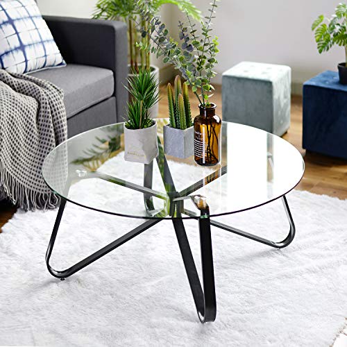 FurnitureR Round Tempered Glass Coffee Table, D31.5 inches Center Tea Sofa Table for Living Room, Home Office, Scandinavian Design with Metal Steel Frame, Easy Assembly