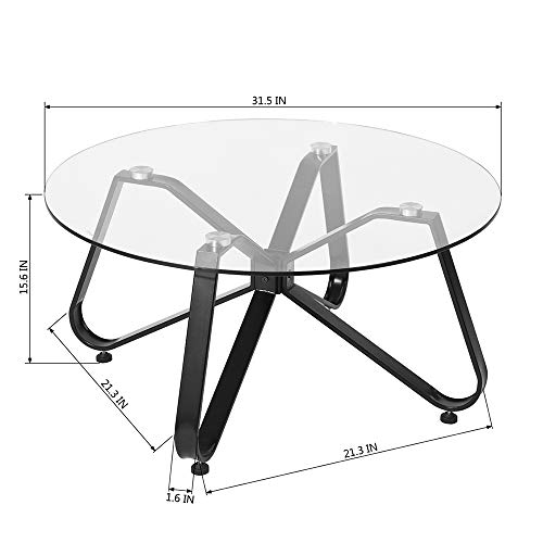 FurnitureR Round Tempered Glass Coffee Table, D31.5 inches Center Tea Sofa Table for Living Room, Home Office, Scandinavian Design with Metal Steel Frame, Easy Assembly