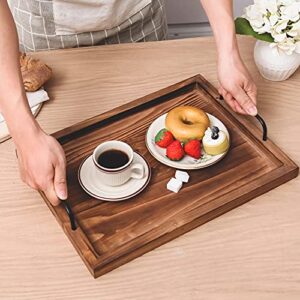 Ottoman Tray with Handles Set of 2 Serving Tray for Coffee Table Decorative Tray Rustic Rectangular Tray for Food Dinner Breakfast Kitchen Bedroom Living Room Housewarming Gift, Large & Small, Brown